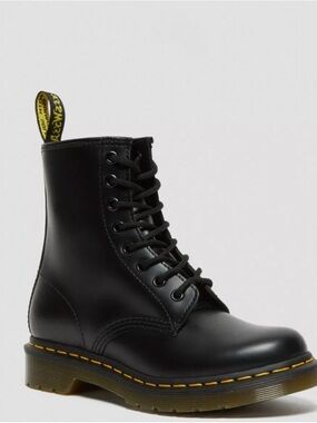 Dr. Martens Black Lace-Up 8-Eye Ankle Boot with Yellow Pull Tab